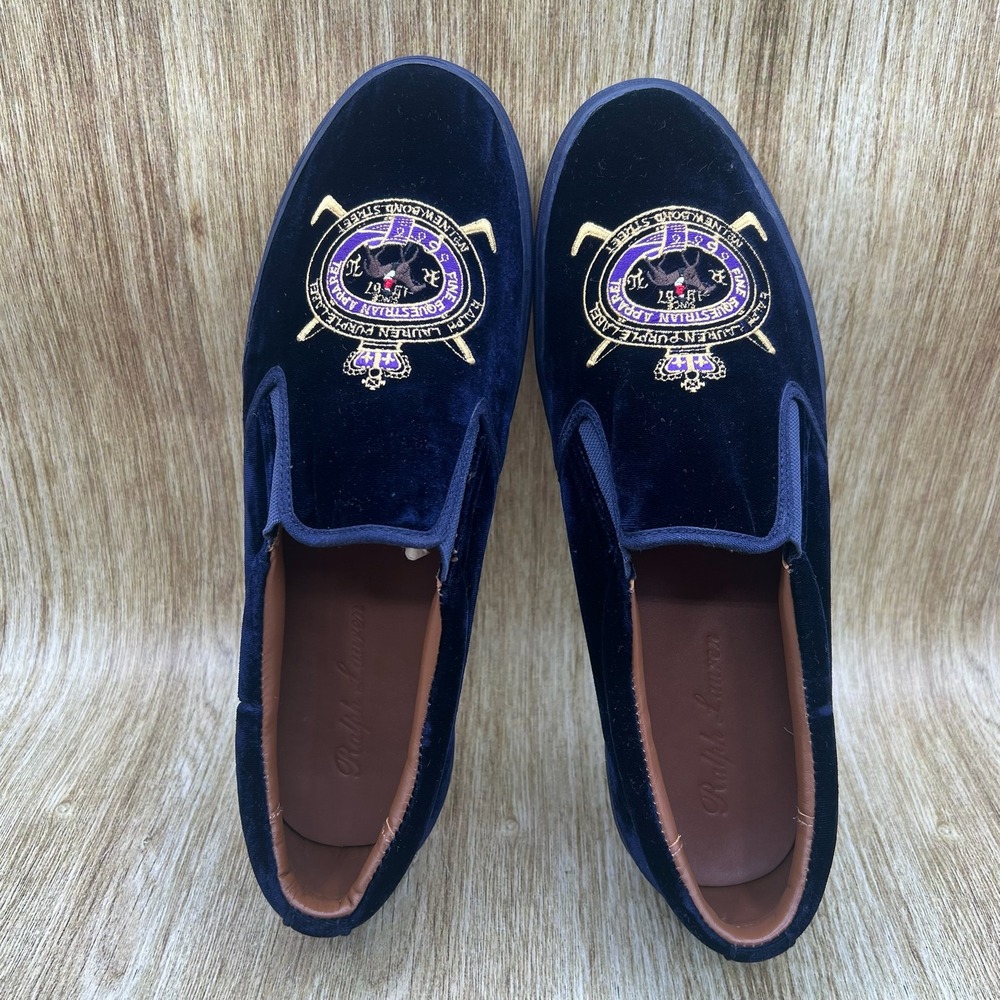 Ralph Lauren Purple Label Slip On Sneakers Mens 11D Navy Velvet Equestrian Crest - Picture 6 of 10